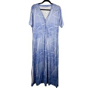 Poetry, Size 8, Light Blue Geo Print Linen Maxi Dress, Pockets, Short Sleeves